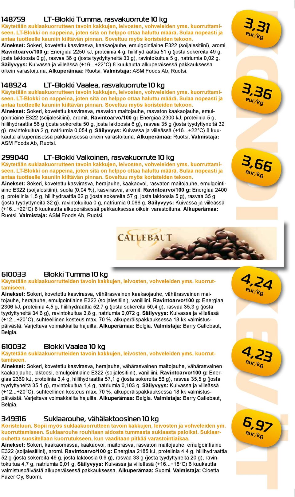 Ravintoarvo/100 g: Energiaa 2250 kj, proteiinia 4 g, hiilihydraattia 51 g (josta sokereita 49 g, josta laktoosia 0 g), rasvaa 36 g (josta tyydyttyneitä 33 g), ravintokuitua 5 g, natriumia 0,02 g.