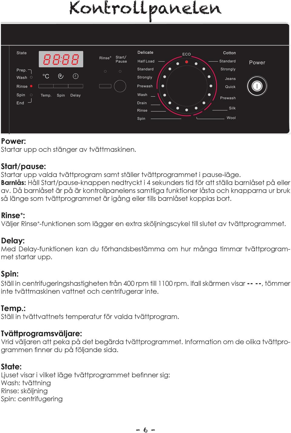 Då barnlåset är på är kontrollpanelens samtliga funktioner låsta och knapparna ur bruk så länge som tvättprogrammet är igång eller tills barnlåset kopplas bort.