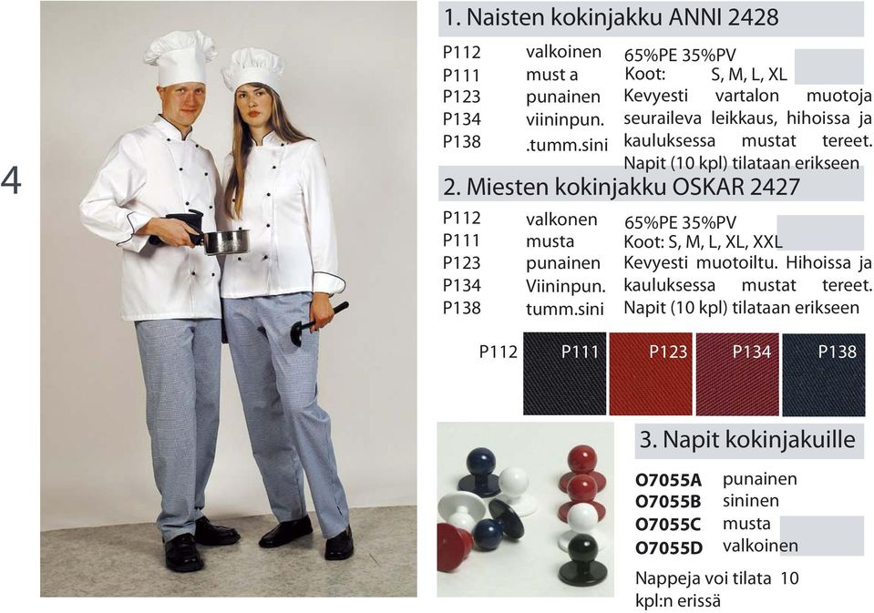 sini 65%PE 35%PV Koot: S, M, L, XL Kevyesti vartalon muotoja seuraileva leikkaus, hihoissa ja kauluksessa mustat tereet. Napit (10 kpl) tilataan erikseen 2.