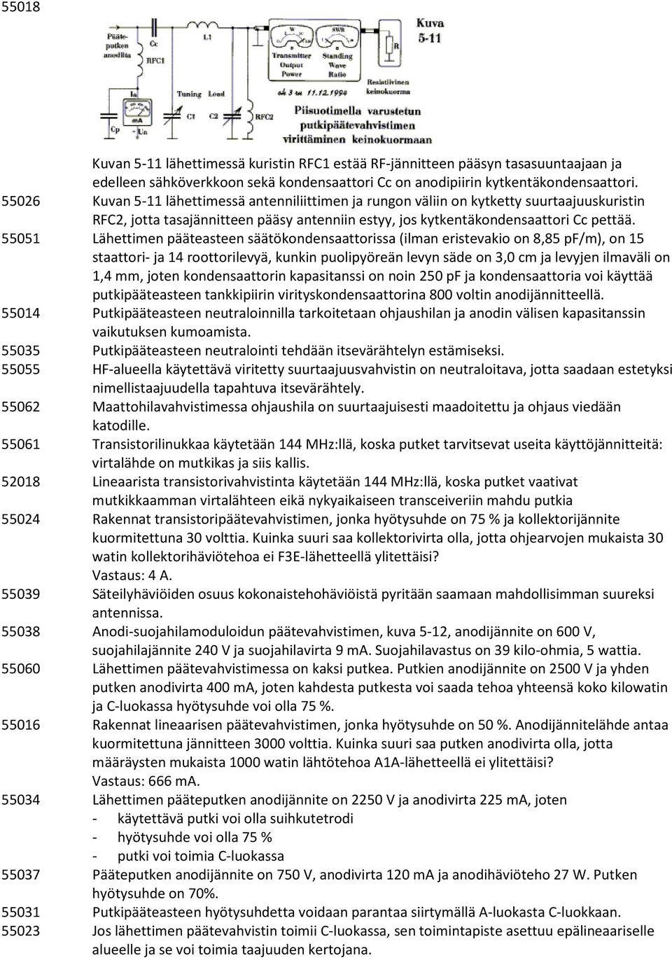 55051 Lähettimen pääteasteen säätökondensaattorissa (ilman eristevakio on 8,85 pf/m), on 15 staattori- ja 14 roottorilevyä, kunkin puolipyöreän levyn säde on 3,0 cm ja levyjen ilmaväli on 1,4 mm,