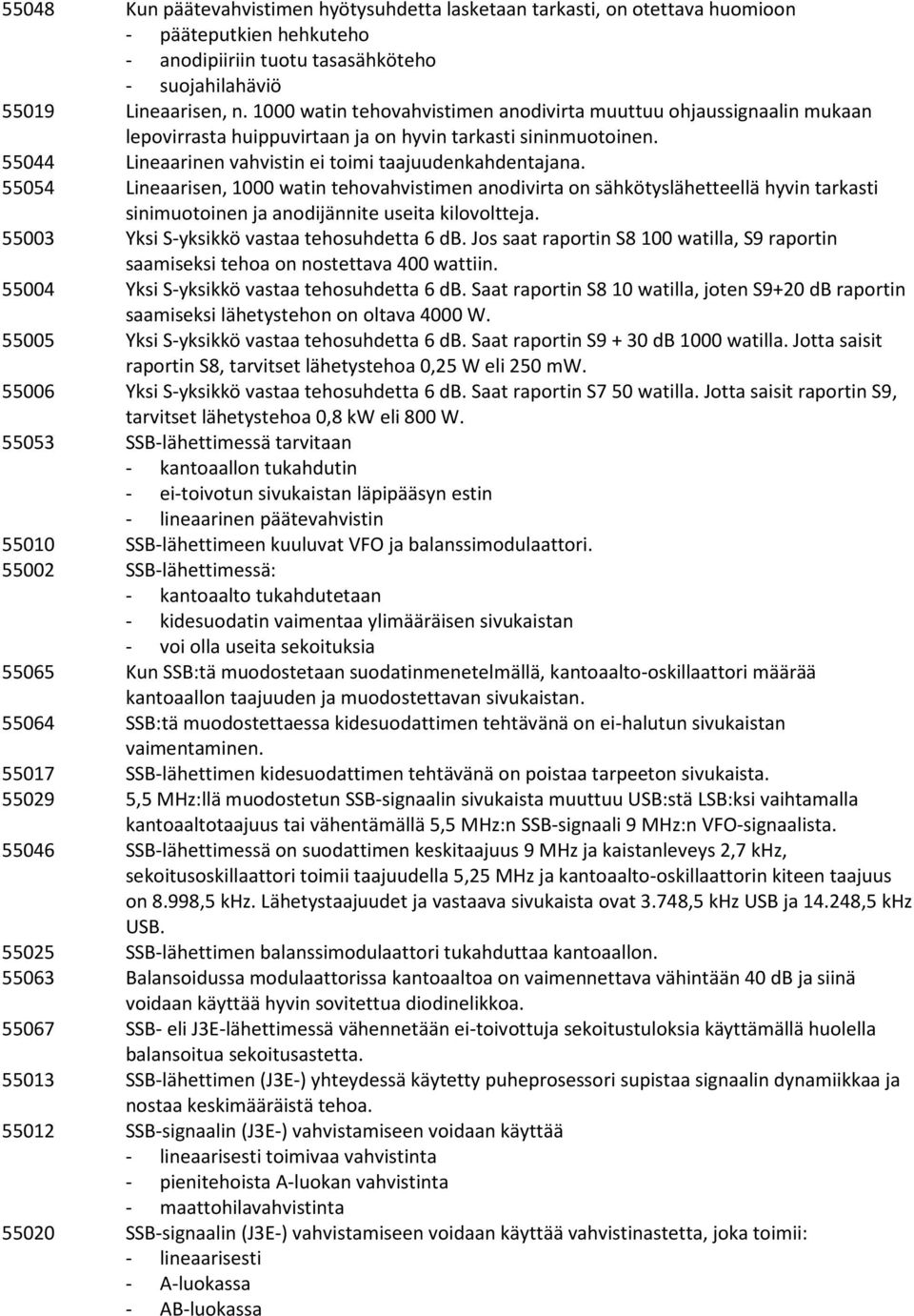 55054 Lineaarisen, 1000 watin tehovahvistimen anodivirta on sähkötyslähetteellä hyvin tarkasti sinimuotoinen ja anodijännite useita kilovoltteja. 55003 Yksi S-yksikkö vastaa tehosuhdetta 6 db.