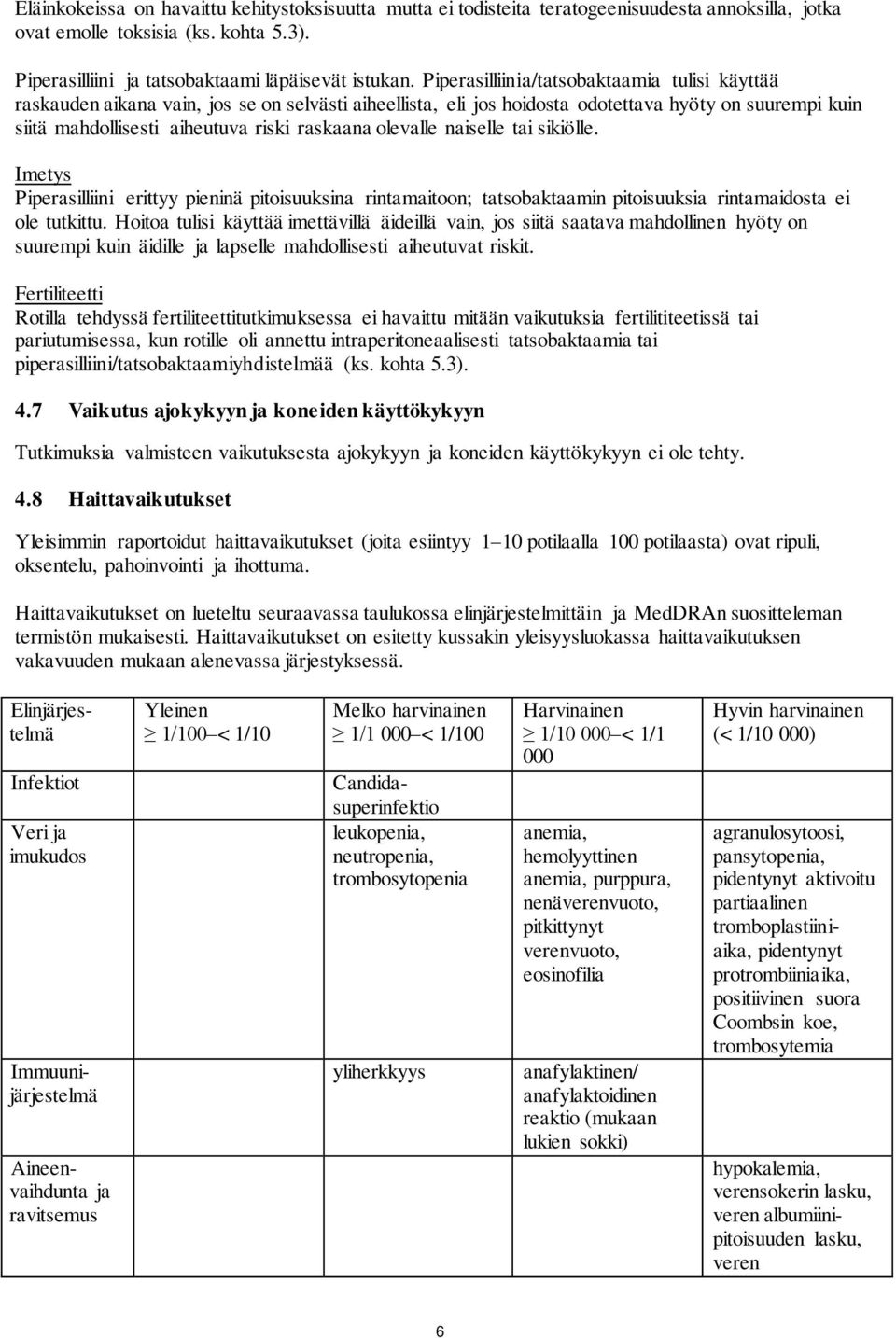 olevalle naiselle tai sikiölle. Imetys Piperasilliini erittyy pieninä pitoisuuksina rintamaitoon; tatsobaktaamin pitoisuuksia rintamaidosta ei ole tutkittu.