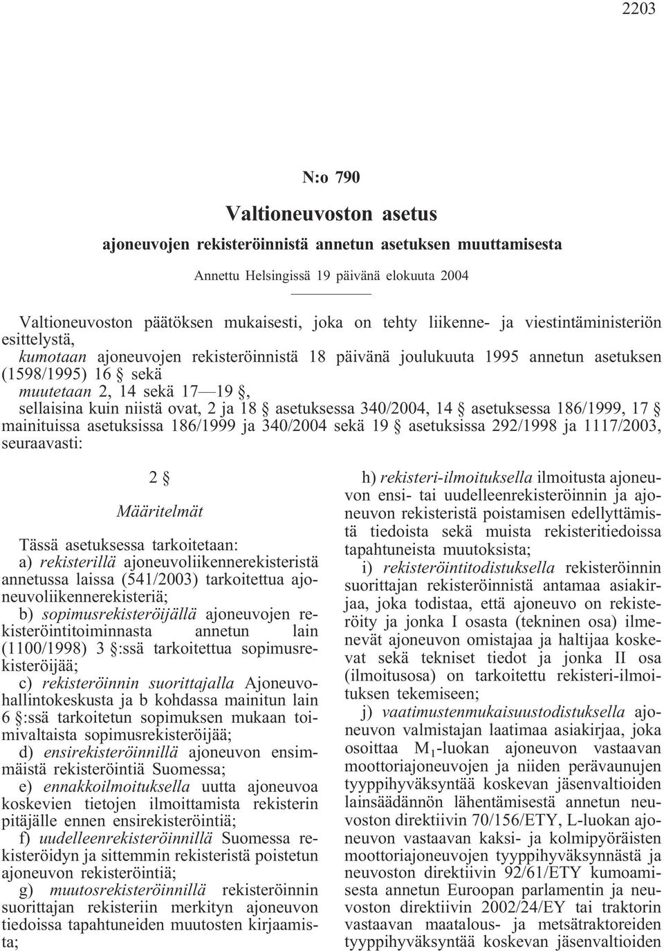 niistä ovat, 2 ja 18 asetuksessa 340/2004, 14 asetuksessa 186/1999, 17 mainituissa asetuksissa 186/1999 ja 340/2004 sekä 19 asetuksissa 292/1998 ja 1117/2003, seuraavasti: 2 Määritelmät Tässä