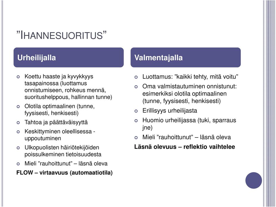 tietoisuudesta Mieli rauhoittunut läsnä oleva FLOW virtaavuus (automaatiotila) Luottamus: kaikki tehty, mitä voitu Oma valmistautuminen onnistunut: esimerkiksi