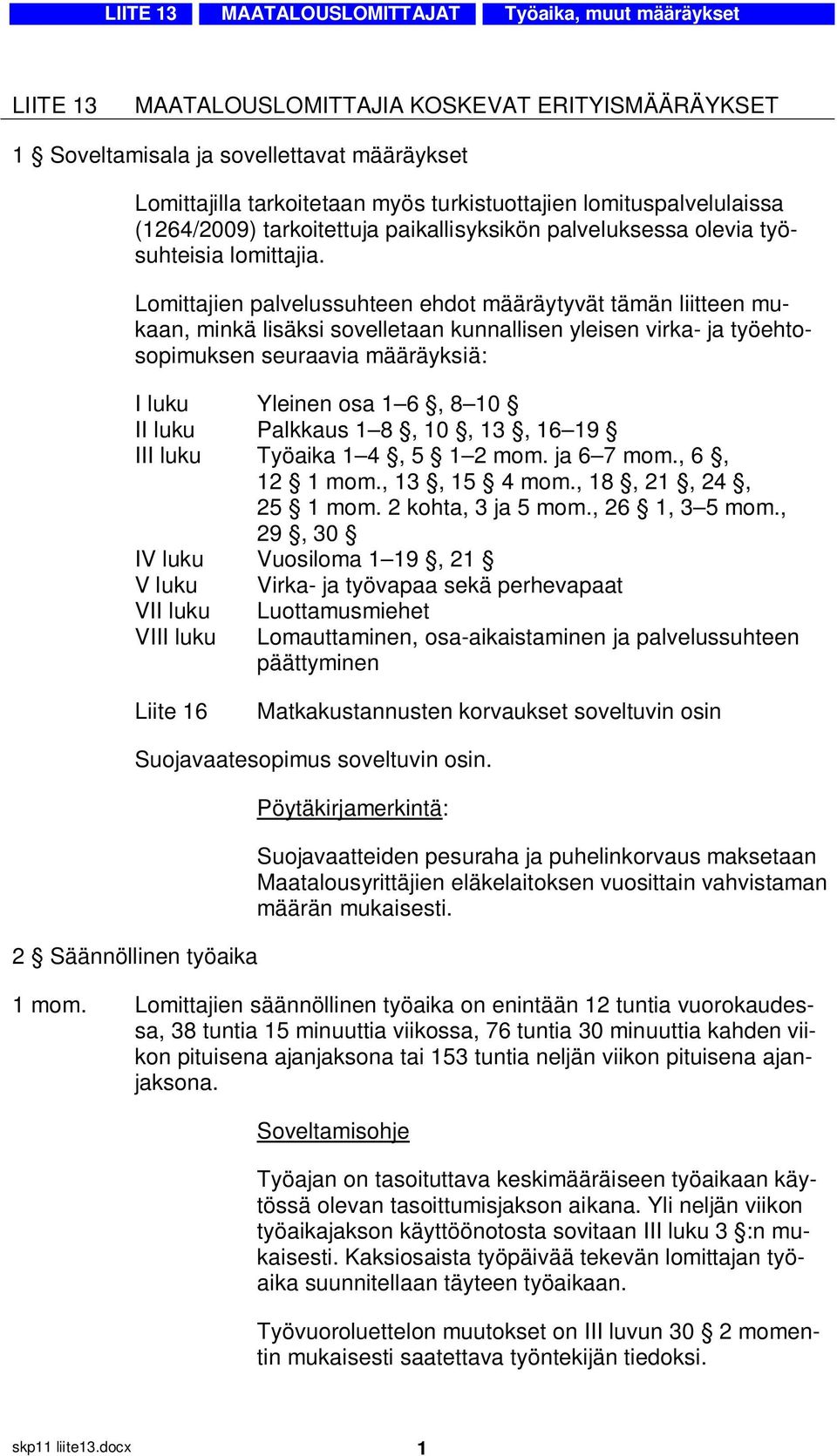 Lomittajien palvelussuhteen ehdot määräytyvät tämän liitteen mukaan, minkä lisäksi sovelletaan kunnallisen yleisen virka- ja työehtosopimuksen seuraavia määräyksiä: I luku Yleinen osa 1 6, 8 10 II