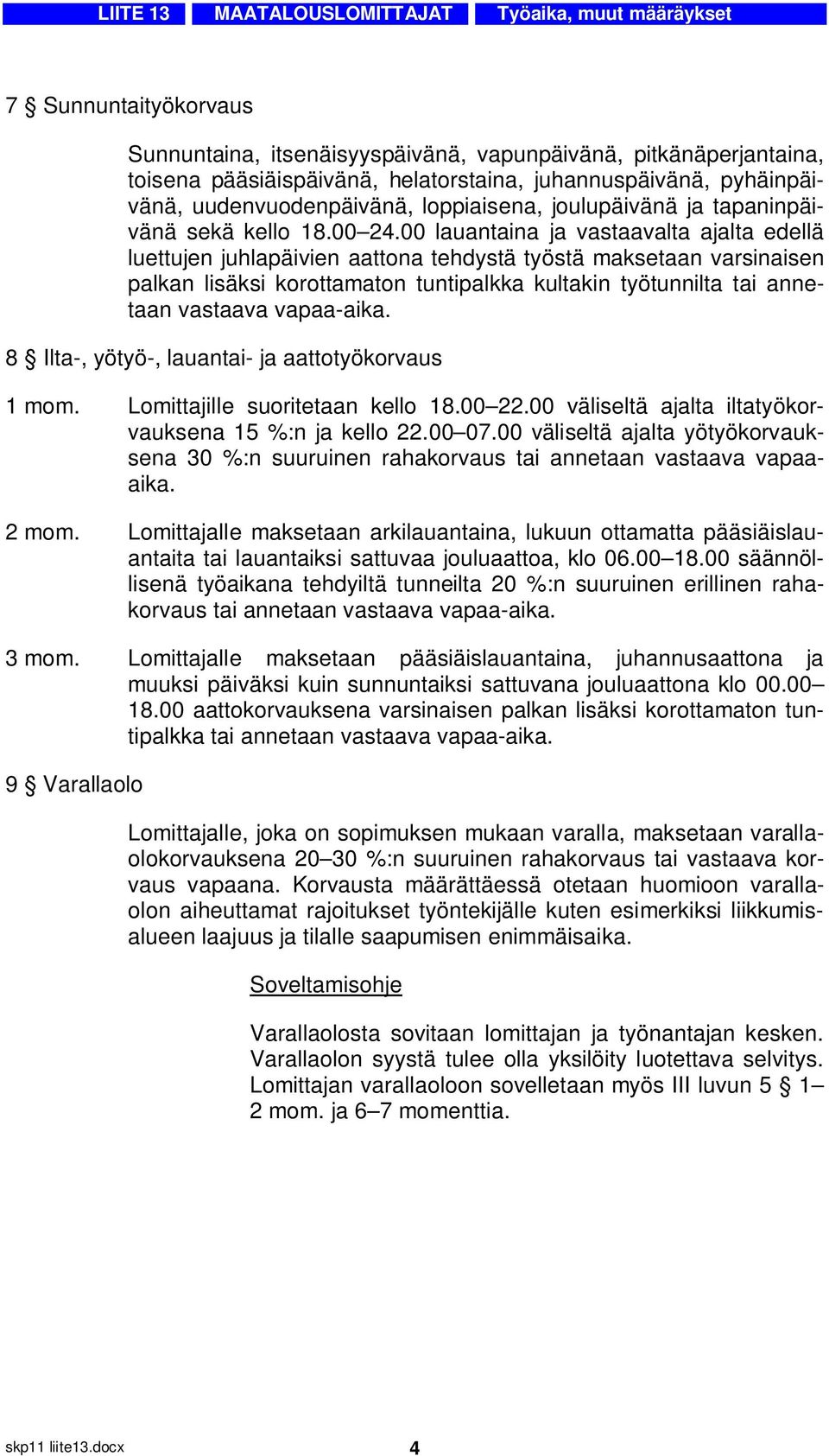 00 lauantaina ja vastaavalta ajalta edellä luettujen juhlapäivien aattona tehdystä työstä maksetaan varsinaisen palkan lisäksi korottamaton tuntipalkka kultakin työtunnilta tai annetaan vastaava