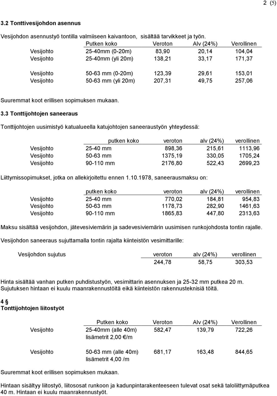 3 Tonttijohtojen saneeraus Tonttijohtojen uusimistyö katualueella katujohtojen saneeraustyön yhteydessä: putken koko veroton alv (24%) verollinen Vesijohto 25-40 mm 898,36 215,61 1113,96 Vesijohto