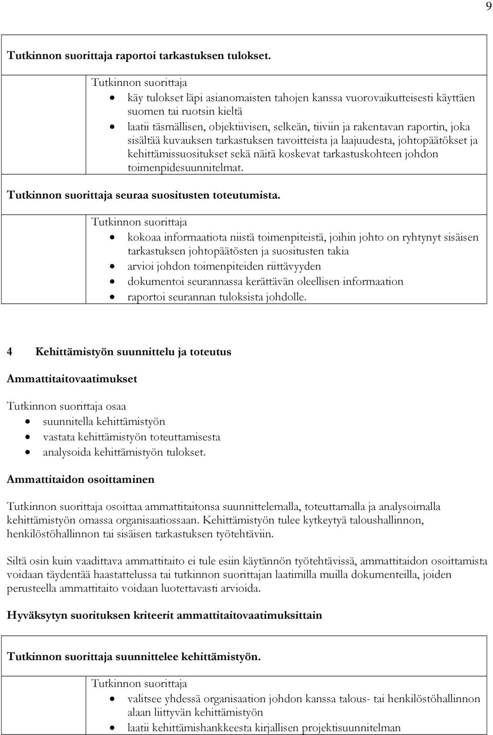 kuvauksen tarkastuksen tavoitteista ja laajuudesta, johtopäätökset ja kehittämissuositukset sekä näitä koskevat tarkastuskohteen johdon toimenpidesuunnitelmat. seuraa suositusten toteutumista.