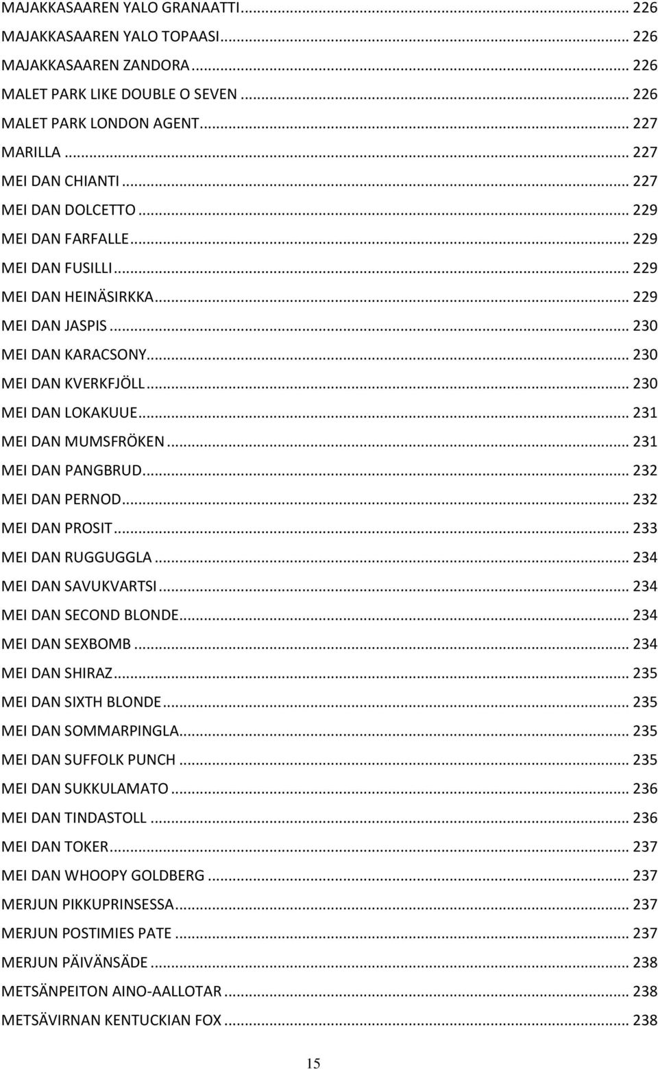 .. 231 MEI DAN MUMSFRÖKEN... 231 MEI DAN PANGBRUD... 232 MEI DAN PERNOD... 232 MEI DAN PROSIT... 233 MEI DAN RUGGUGGLA... 234 MEI DAN SAVUKVARTSI... 234 MEI DAN SECOND BLONDE... 234 MEI DAN SEXBOMB.