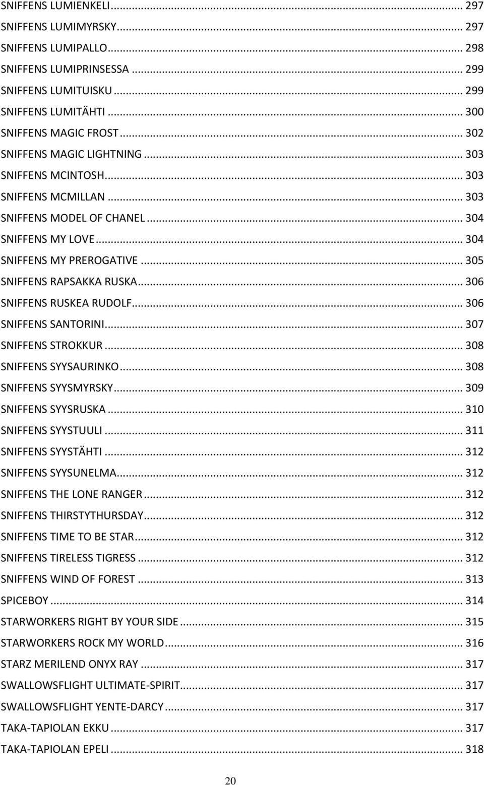 .. 306 SNIFFENS RUSKEA RUDOLF... 306 SNIFFENS SANTORINI... 307 SNIFFENS STROKKUR... 308 SNIFFENS SYYSAURINKO... 308 SNIFFENS SYYSMYRSKY... 309 SNIFFENS SYYSRUSKA... 310 SNIFFENS SYYSTUULI.