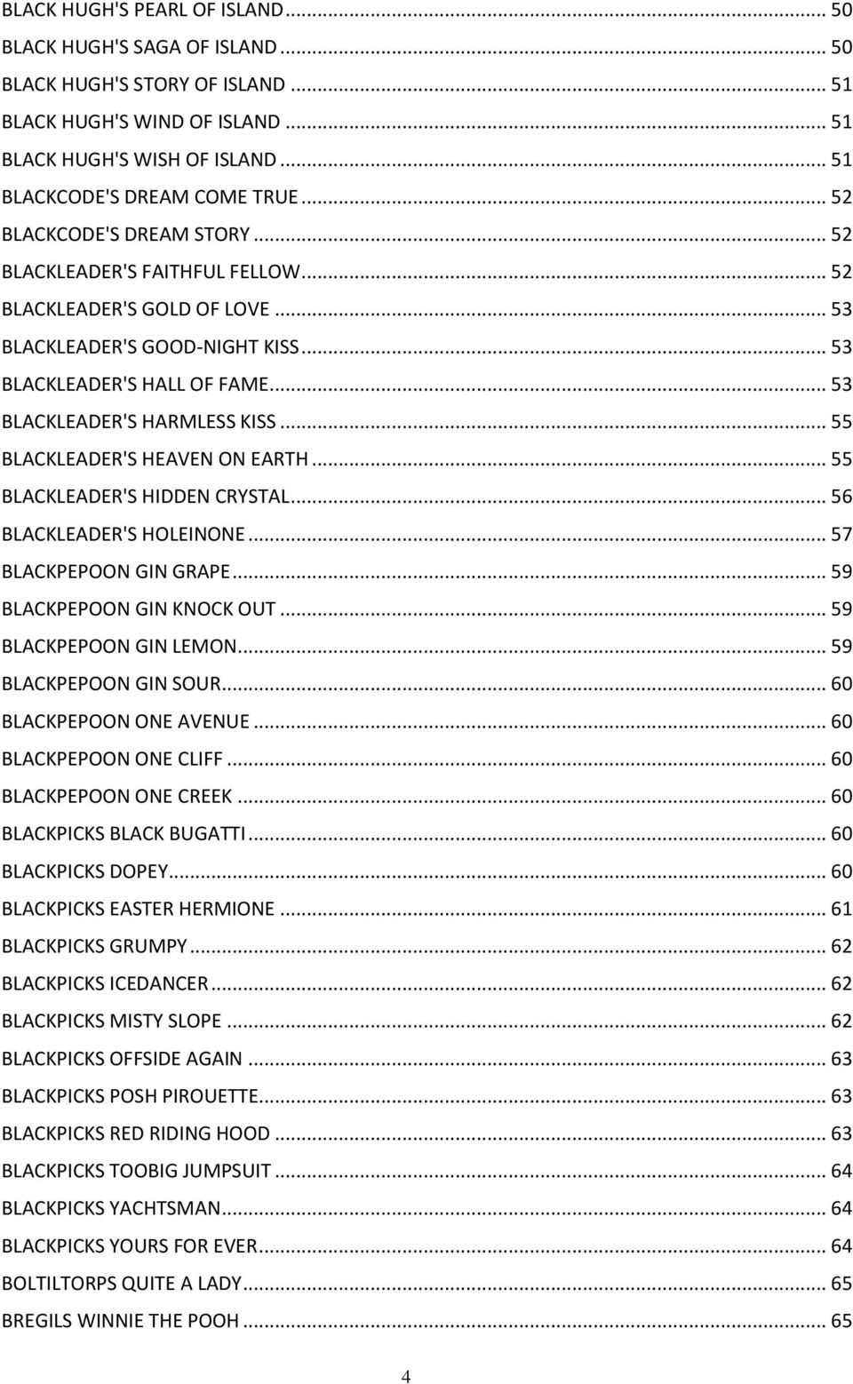 .. 55 BLACKLEADER'S HEAVEN ON EARTH... 55 BLACKLEADER'S HIDDEN CRYSTAL... 56 BLACKLEADER'S HOLEINONE... 57 BLACKPEPOON GIN GRAPE... 59 BLACKPEPOON GIN KNOCK OUT... 59 BLACKPEPOON GIN LEMON.