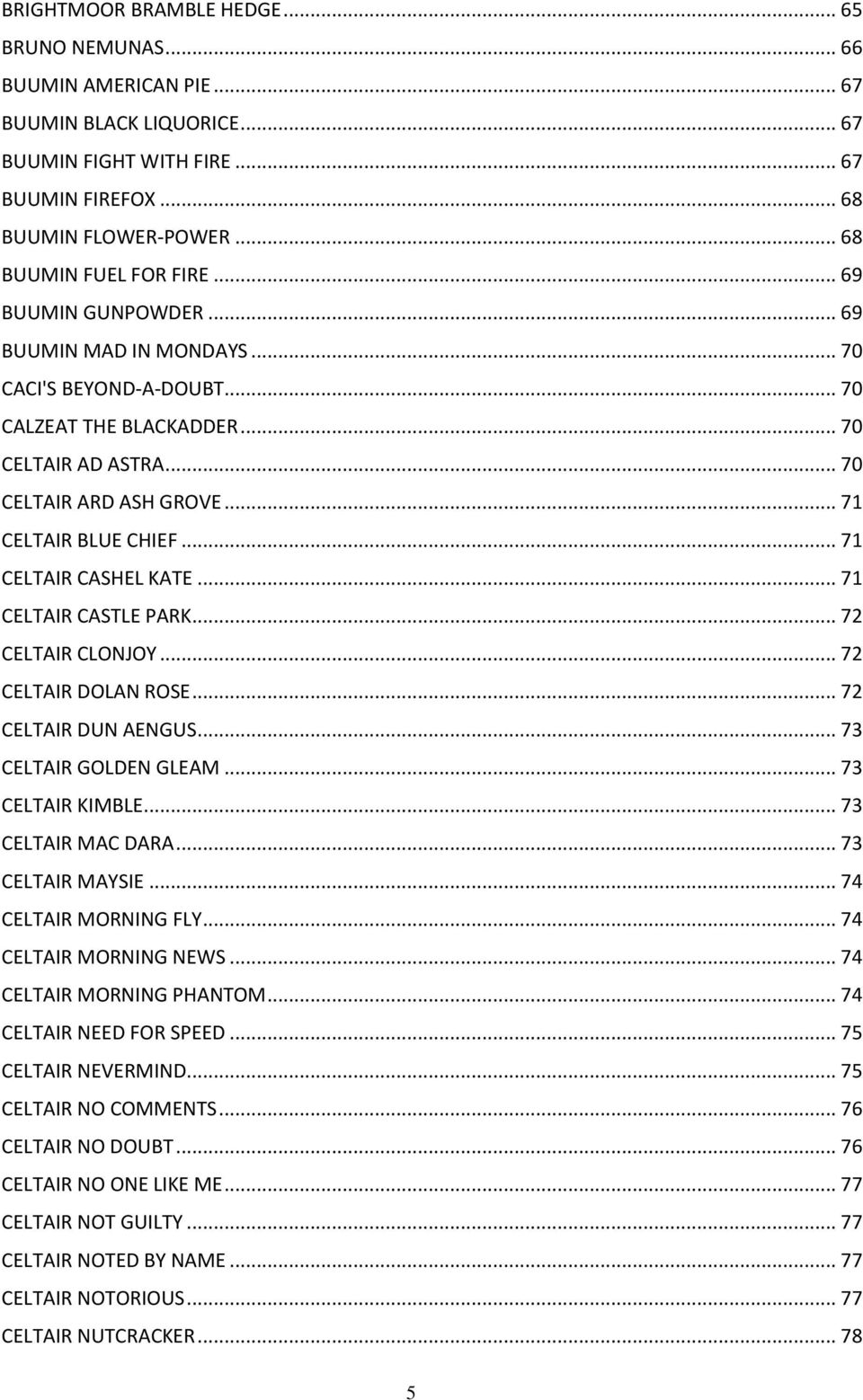 .. 71 CELTAIR BLUE CHIEF... 71 CELTAIR CASHEL KATE... 71 CELTAIR CASTLE PARK... 72 CELTAIR CLONJOY... 72 CELTAIR DOLAN ROSE... 72 CELTAIR DUN AENGUS... 73 CELTAIR GOLDEN GLEAM... 73 CELTAIR KIMBLE.
