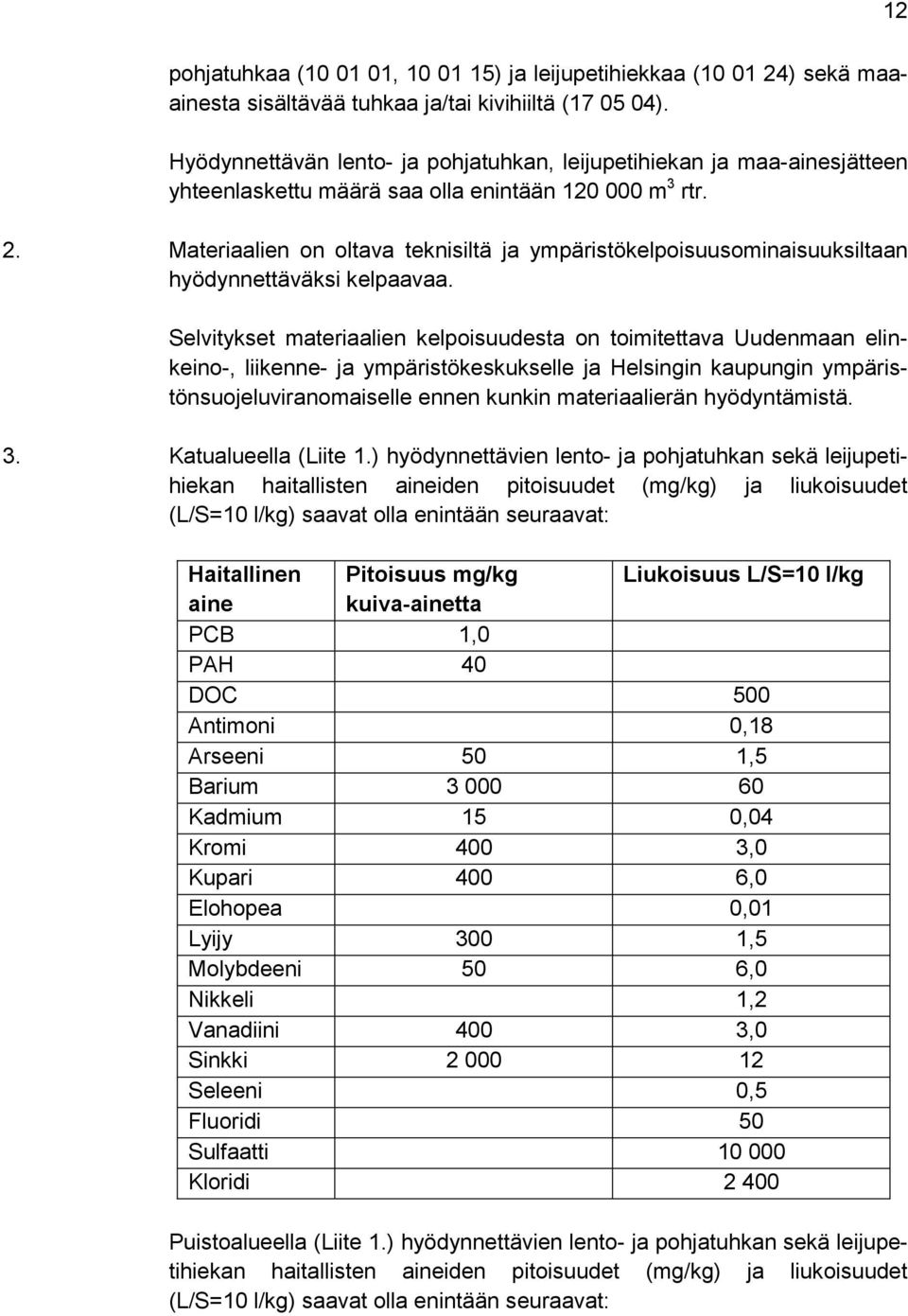 Materiaalien on oltava teknisiltä ja ympäristökelpoisuusominaisuuksiltaan hyödynnettäväksi kelpaavaa.