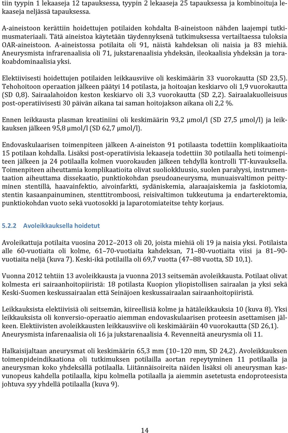 A-aineistossa potilaita oli 91, näistä kahdeksan oli naisia ja 83 miehiä. Aneurysmista infrarenaalisia oli 71, jukstarenaalisia yhdeksän, ileokaalisia yhdeksän ja torakoabdominaalisia yksi.