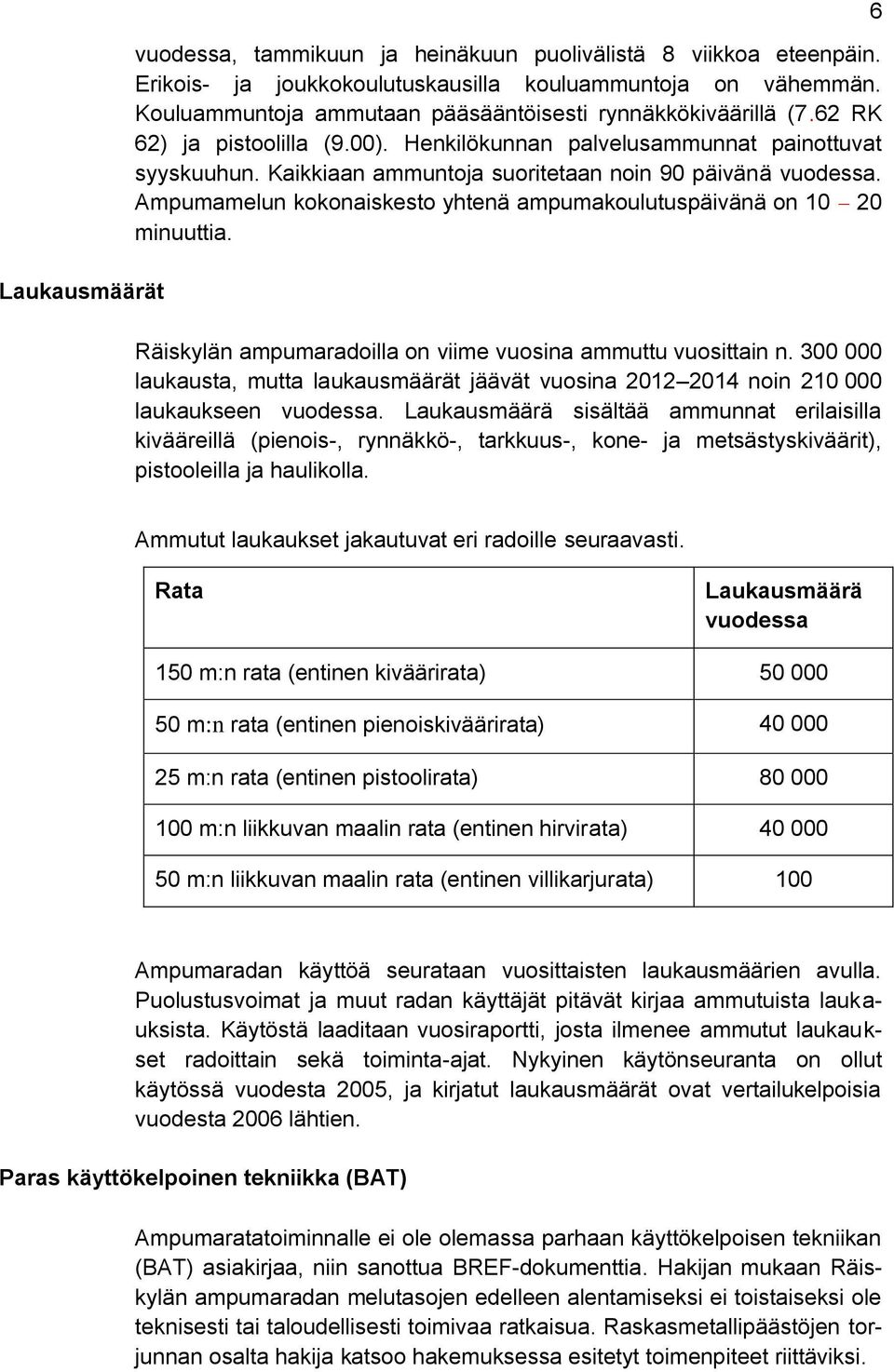 Kaikkiaan ammuntoja suoritetaan noin 90 päivänä vuodessa. Ampumamelun kokonaiskesto yhtenä ampumakoulutuspäivänä on 10 20 minuuttia. Räiskylän ampumaradoilla on viime vuosina ammuttu vuosittain n.