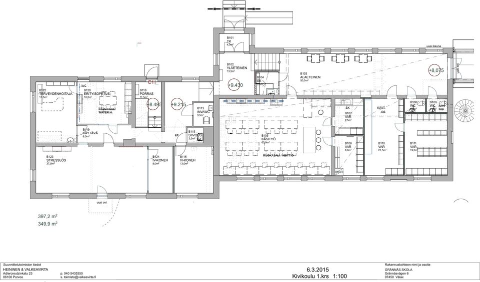 106 B108 2,0m 2 B109 2,0m 2 KPH 108 B119 KÄYTÄVÄ 6,5m 2 ET B115 SIIVOUS 3,5m 2 SK B105 KÄSITYÖ 62,0m 2 B106 8,0m 2 B110 21,5m 2 B111