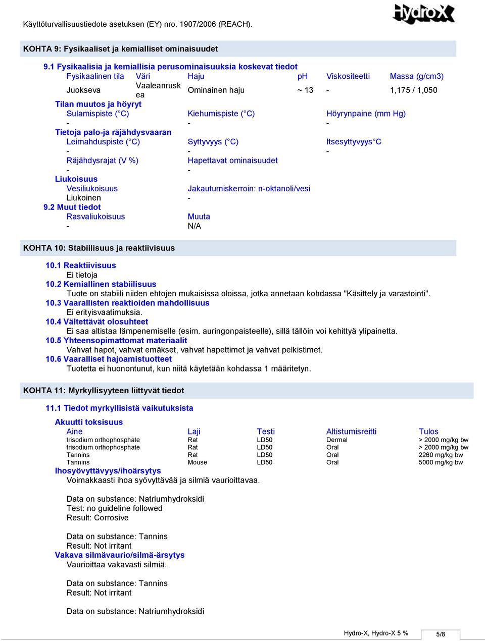 höyryt Sulamispiste ( C) Kiehumispiste ( C) Höyrynpaine (mm Hg) Tietoja paloja räjähdysvaaran Leimahduspiste ( C) Syttyvyys ( C) Itsesyttyvyys C Räjähdysrajat (V %) Hapettavat ominaisuudet Liukoisuus