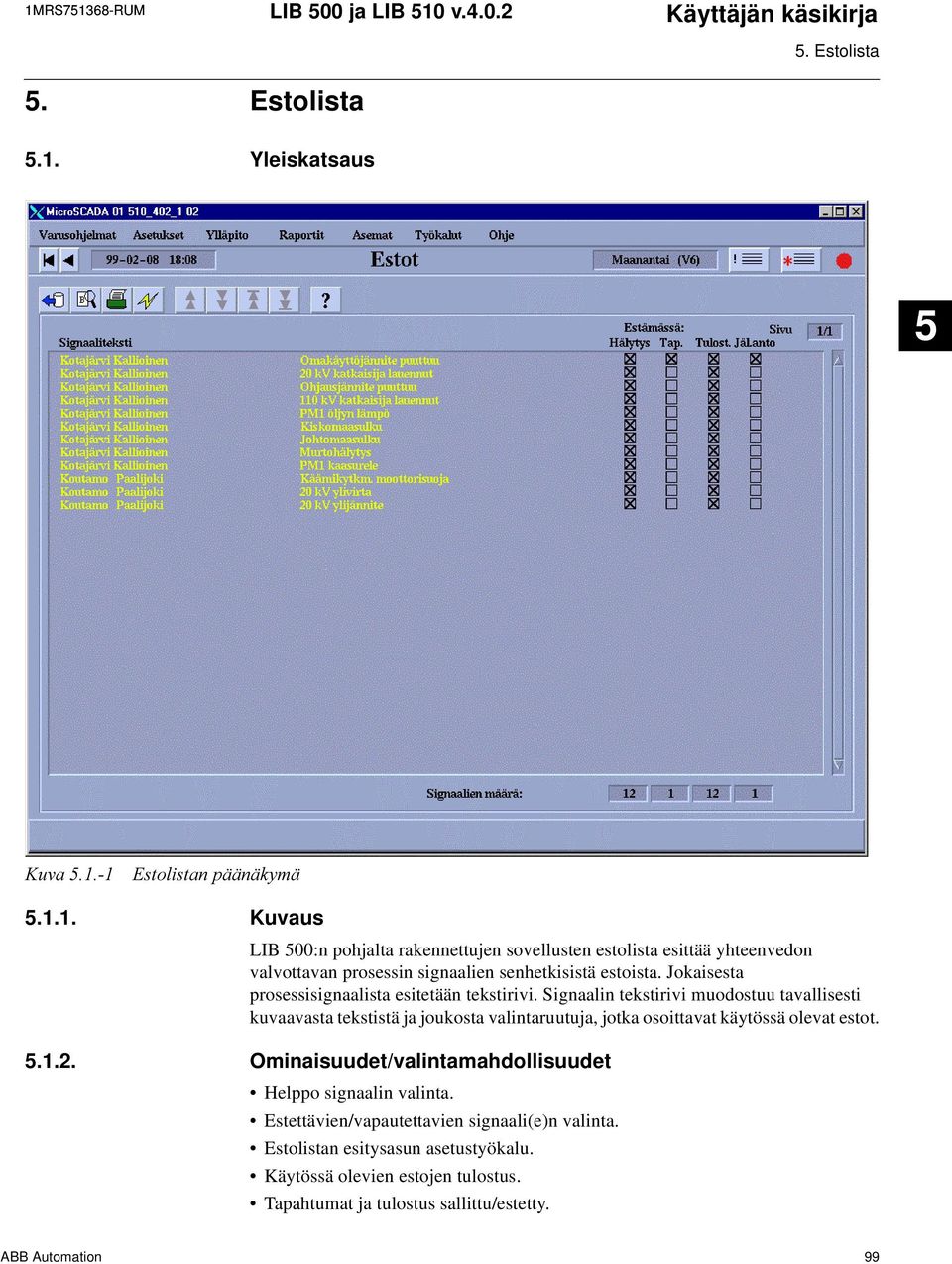 Signaalin tekstirivi muodostuu tavallisesti kuvaavasta tekstistä ja joukosta valintaruutuja, jotka osoittavat käytössä olevat estot. 5.1.2.