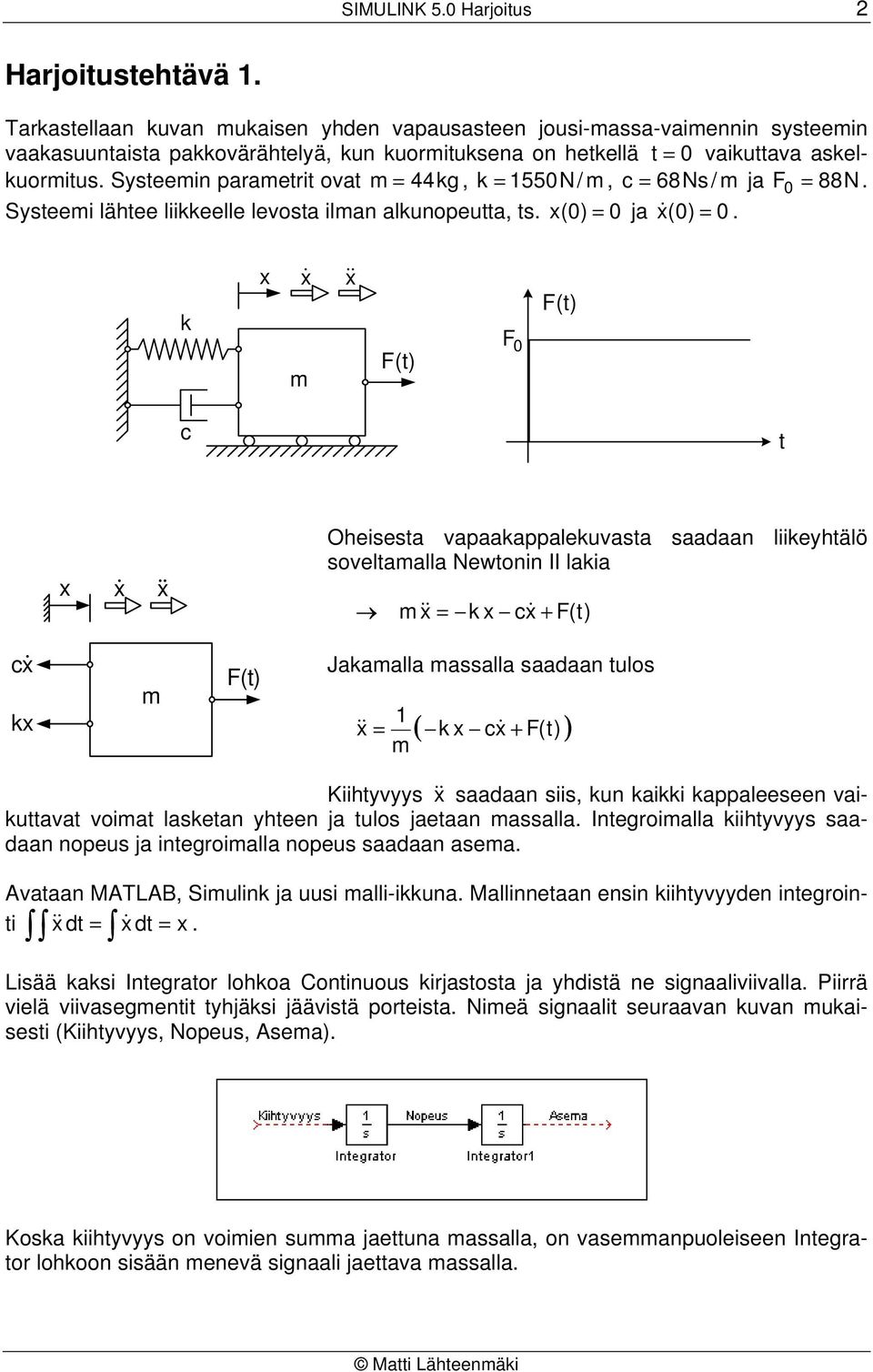 Systeemin parametrit ovat m = 44kg, k = 550N/ m, c = 68Ns / m ja F 0 = 88N. Systeemi lähtee liikkeelle levosta ilman alkunopeutta, ts. x (0) = 0 ja x &(0) = 0.