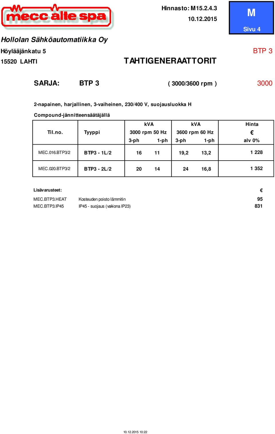 harjallinen, 3-vaiheinen, 230/400 V, suojausluokka H Compound-jännitteensäätäjällä Til.no.