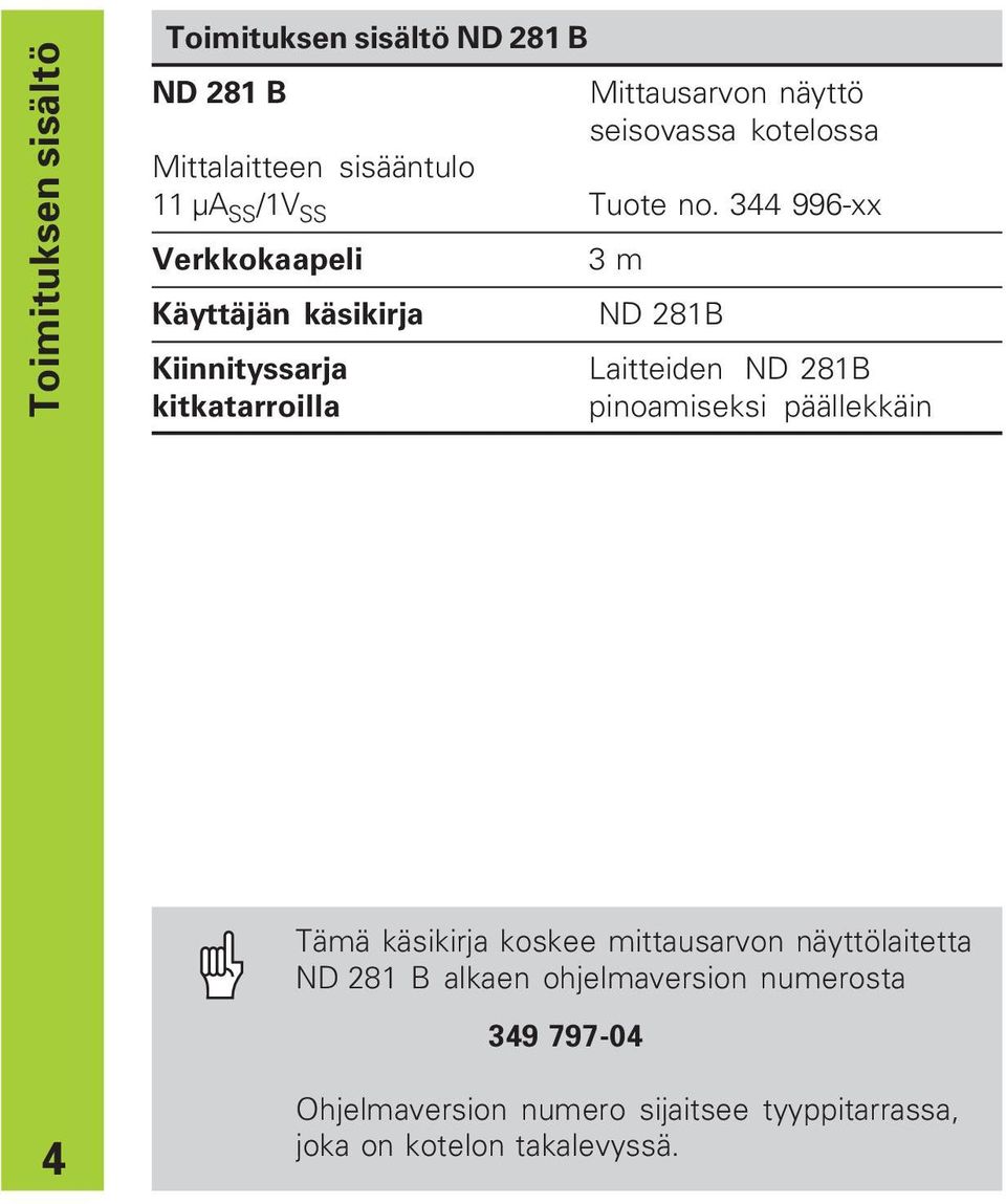 344 996-xx Verkkokaapeli 3 m Käyttäjän käsikirja ND 281B Kiinnityssarja Laitteiden ND 281B kitkatarroilla