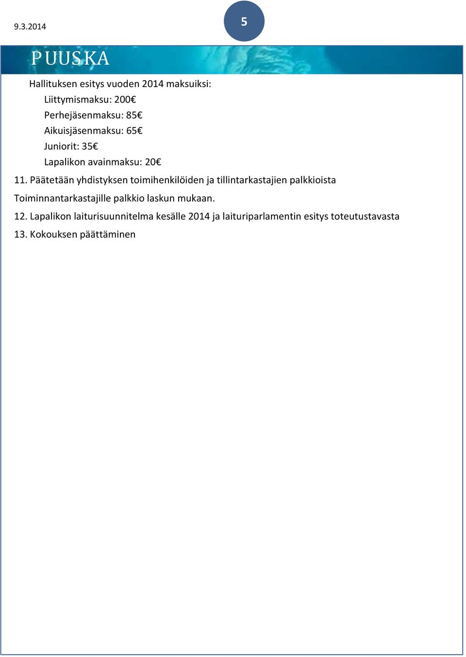 Päätetään yhdistyksen toimihenkilöiden ja tillintarkastajien palkkioista Toiminnantarkastajille