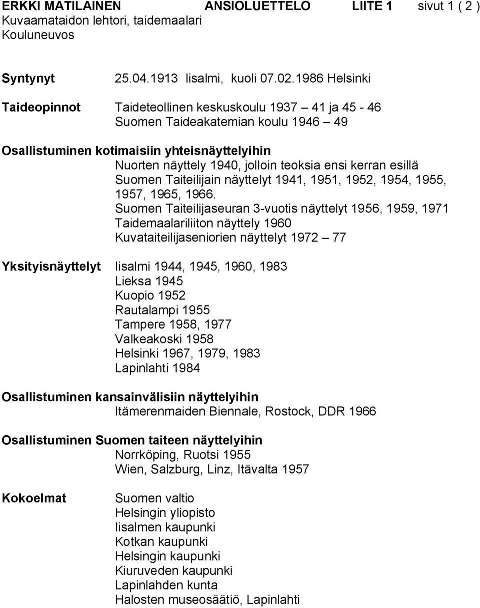 kerran esillä Suomen Taiteilijain näyttelyt 1941, 1951, 1952, 1954, 1955, 1957, 1965, 1966.