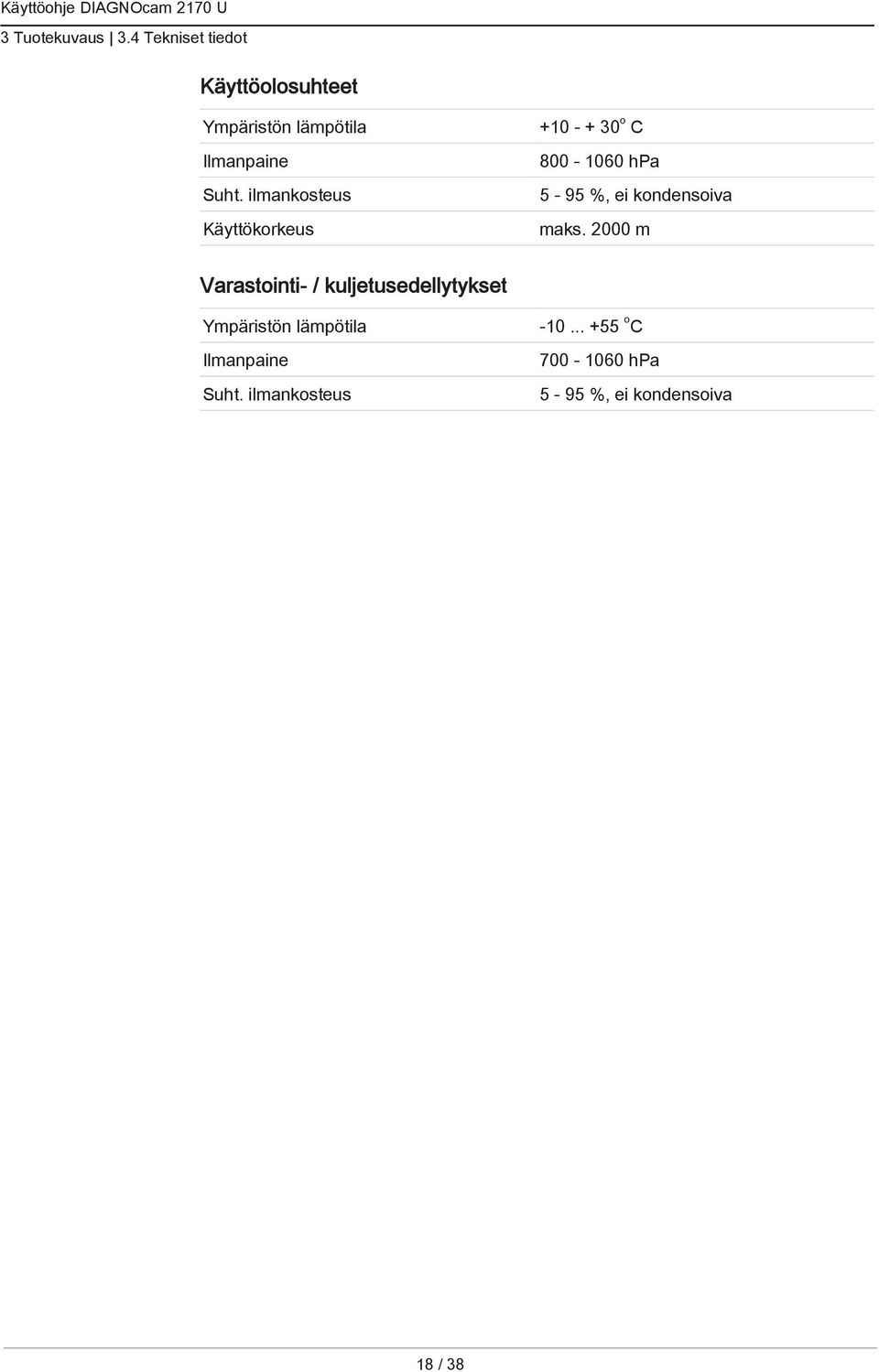 ilmankosteus Käyttökorkeus +10 - + 30 o C 800-1060 hpa 5-95 %, ei kondensoiva