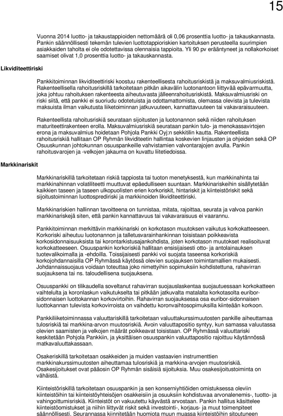 Yli 90 pv erääntyneet ja nollakorkoiset saamiset olivat 1,0 prosenttia luotto- ja takauskannasta. Pankkitoiminnan likviditeettiriski koostuu rakenteellisesta rahoitusriskistä ja maksuvalmiusriskistä.