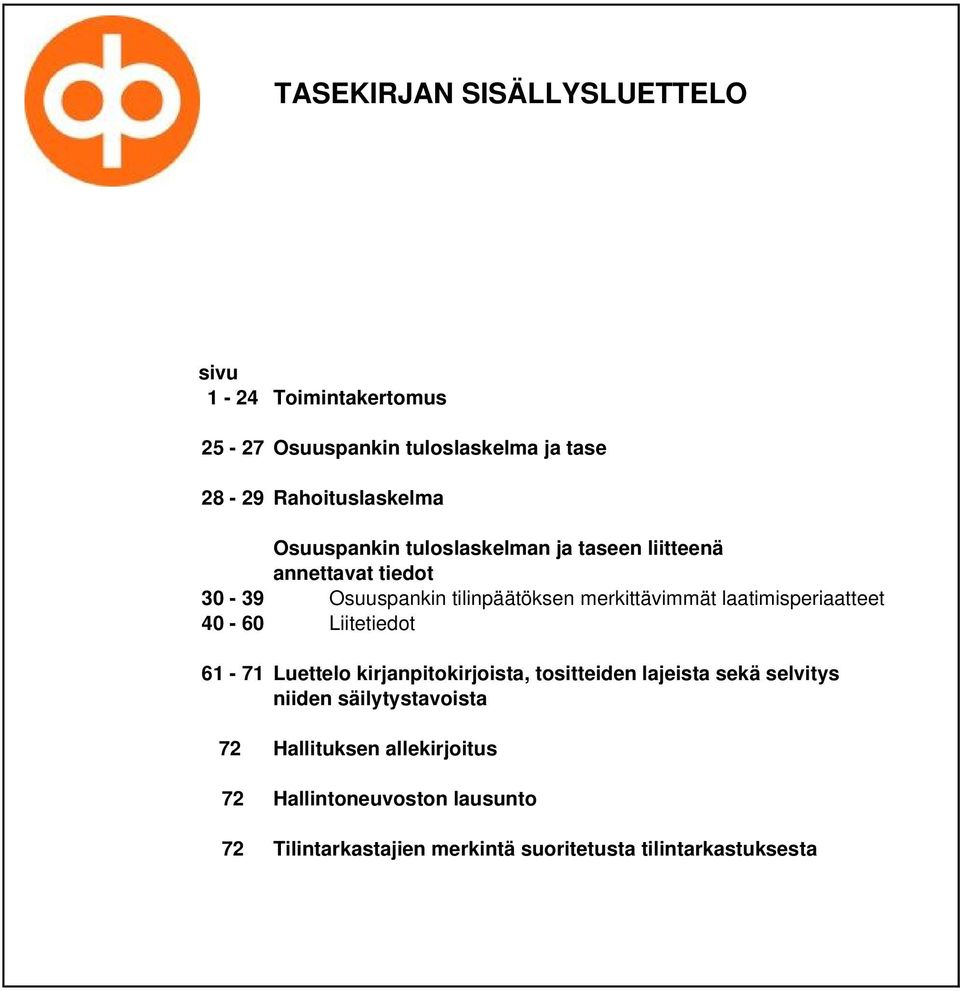 laatimisperiaatteet 40-60 Liitetiedot 61-71 Luettelo kirjanpitokirjoista, tositteiden lajeista sekä selvitys niiden
