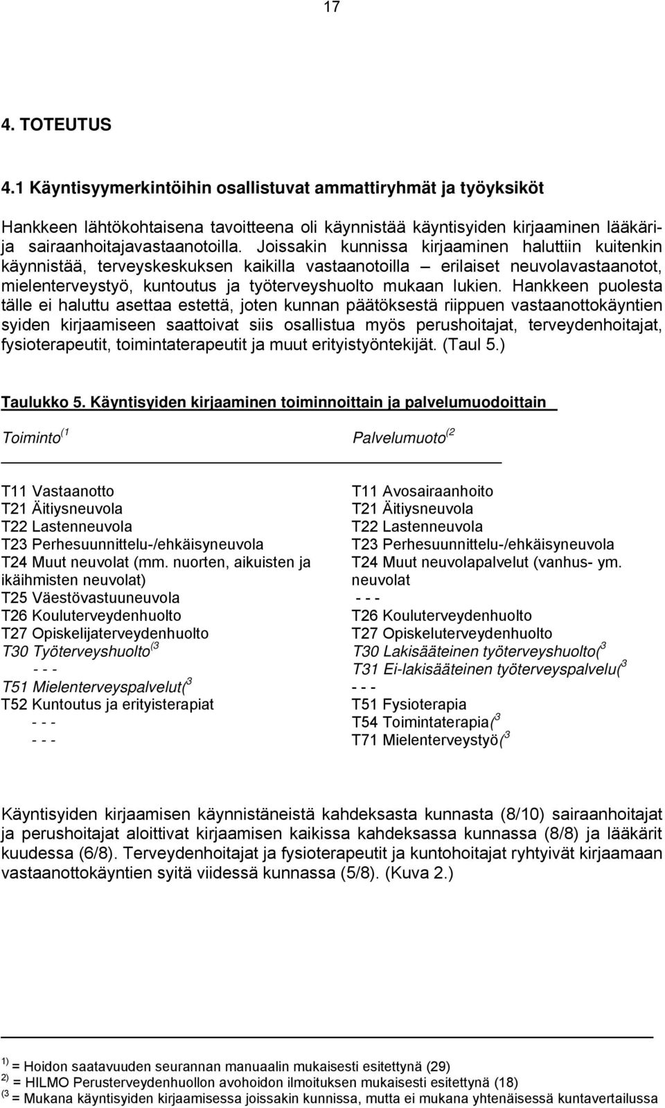 Hankkeen puolesta tälle ei haluttu asettaa estettä, joten kunnan päätöksestä riippuen vastaanottokäyntien syiden kirjaamiseen saattoivat siis osallistua myös perushoitajat, terveydenhoitajat,