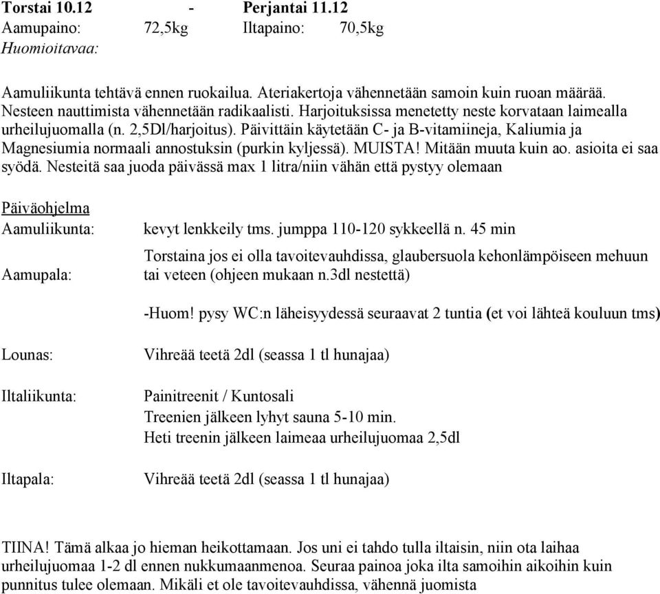 Päivittäin käytetään C- ja B-vitamiineja, Kaliumia ja Magnesiumia normaali annostuksin (purkin kyljessä). MUISTA! Mitään muuta kuin ao. asioita ei saa syödä.