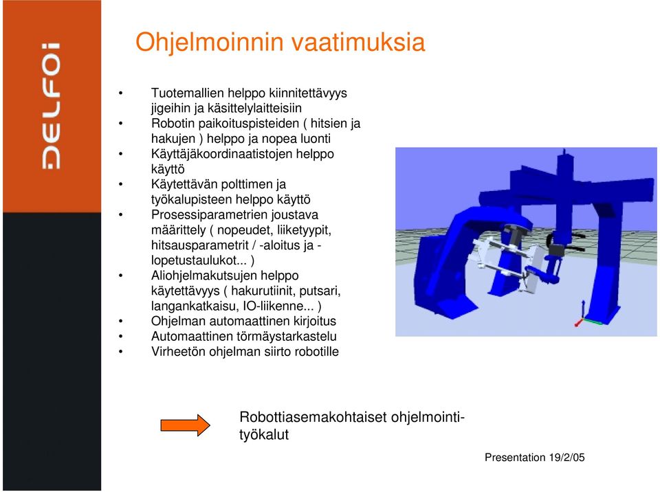 nopeudet, liiketyypit, hitsausparametrit / -aloitus ja - lopetustaulukot.