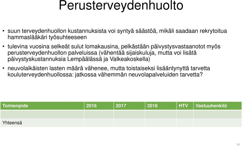 sijaiskuluja, mutta voi lisätä päivystyskustannuksia Lempäälässä ja Valkeakoskella) neuvolaikäisten lasten määrä vähenee, mutta