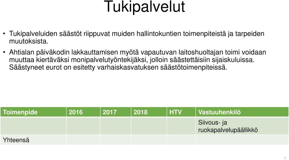 Ahtialan päiväkodin lakkauttamisen myötä vapautuvan laitoshuoltajan toimi voidaan muuttaa kiertäväksi