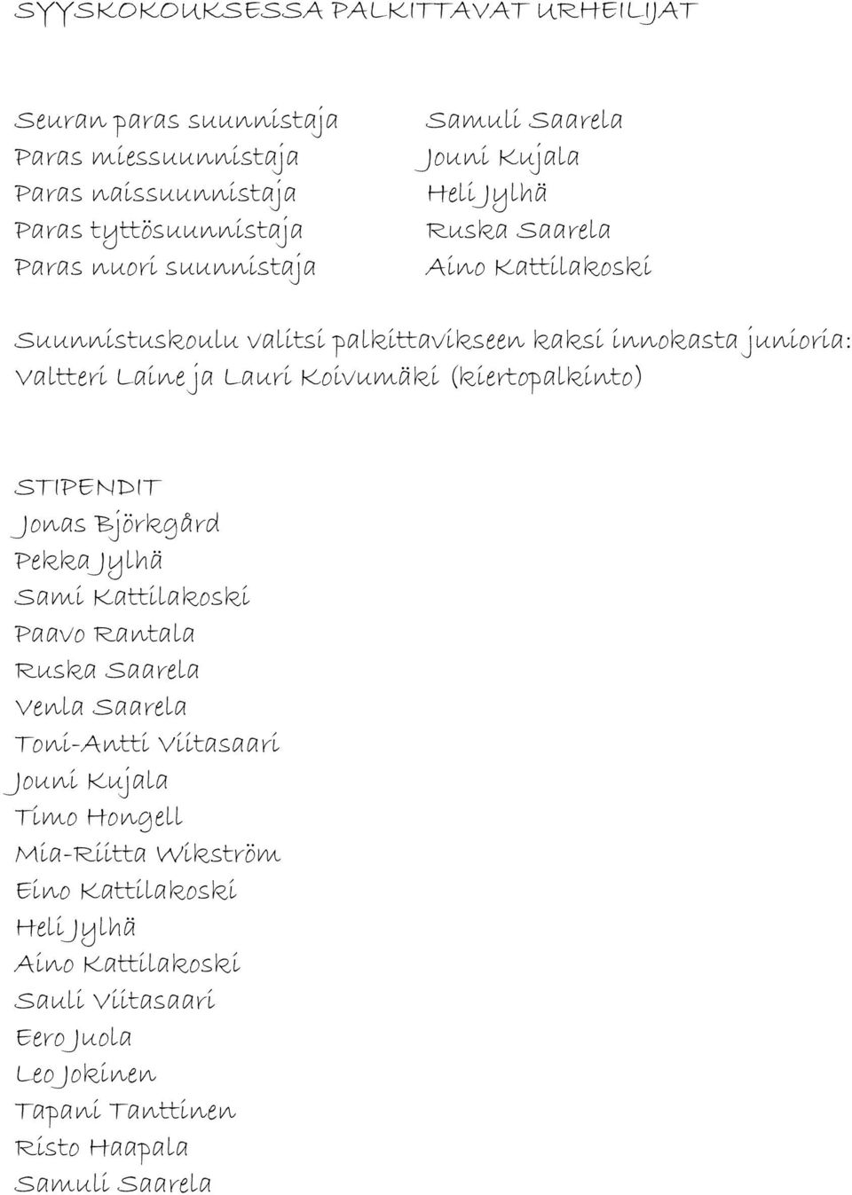 Koivumäki (kiertopalkinto) STIPENDIT Jonas Björkgård Pekka Jylhä Sami Kattilakoski Paavo Rantala Ruska Saarela Venla Saarela Toni-Antti Viitasaari Jouni Kujala
