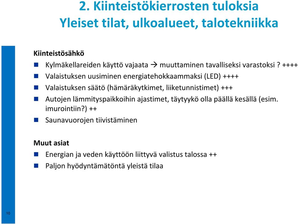 ++++ Valaistuksen uusiminen energiatehokkaammaksi (LED) ++++ Valaistuksen säätö (hämäräkytkimet, liiketunnistimet) +++