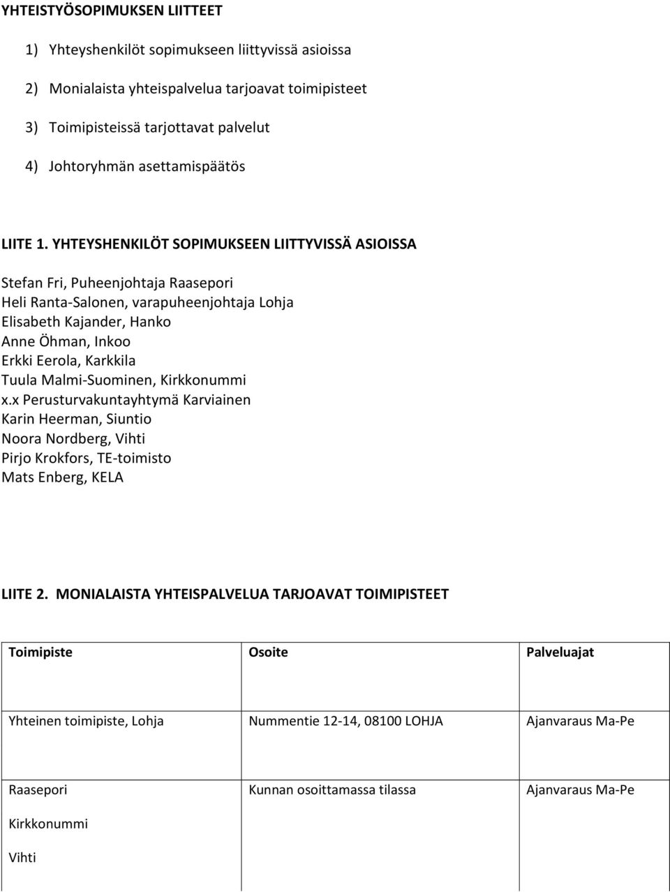 YHTEYSHENKILÖT SOPIMUKSEEN LIITTYVISSÄ ASIOISSA Stefan Fri, Puheenjohtaja Raasepori Heli Ranta-Salonen, varapuheenjohtaja Lohja Elisabeth Kajander, Hanko Anne Öhman, Inkoo Erkki Eerola, Karkkila