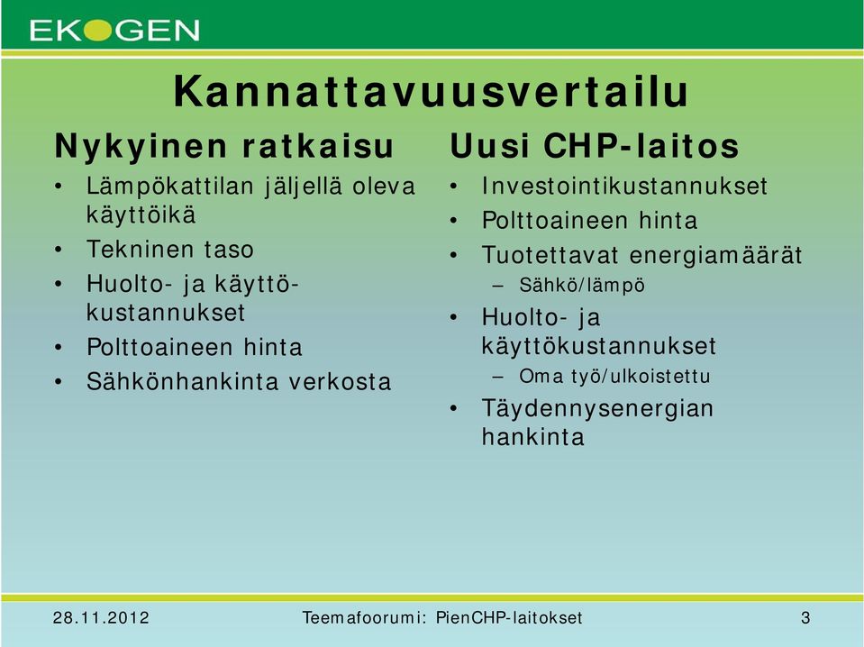 Investointikustannukset Polttoaineen hinta Tuotettavat energiamäärät Sähkö/lämpö Huolto- ja