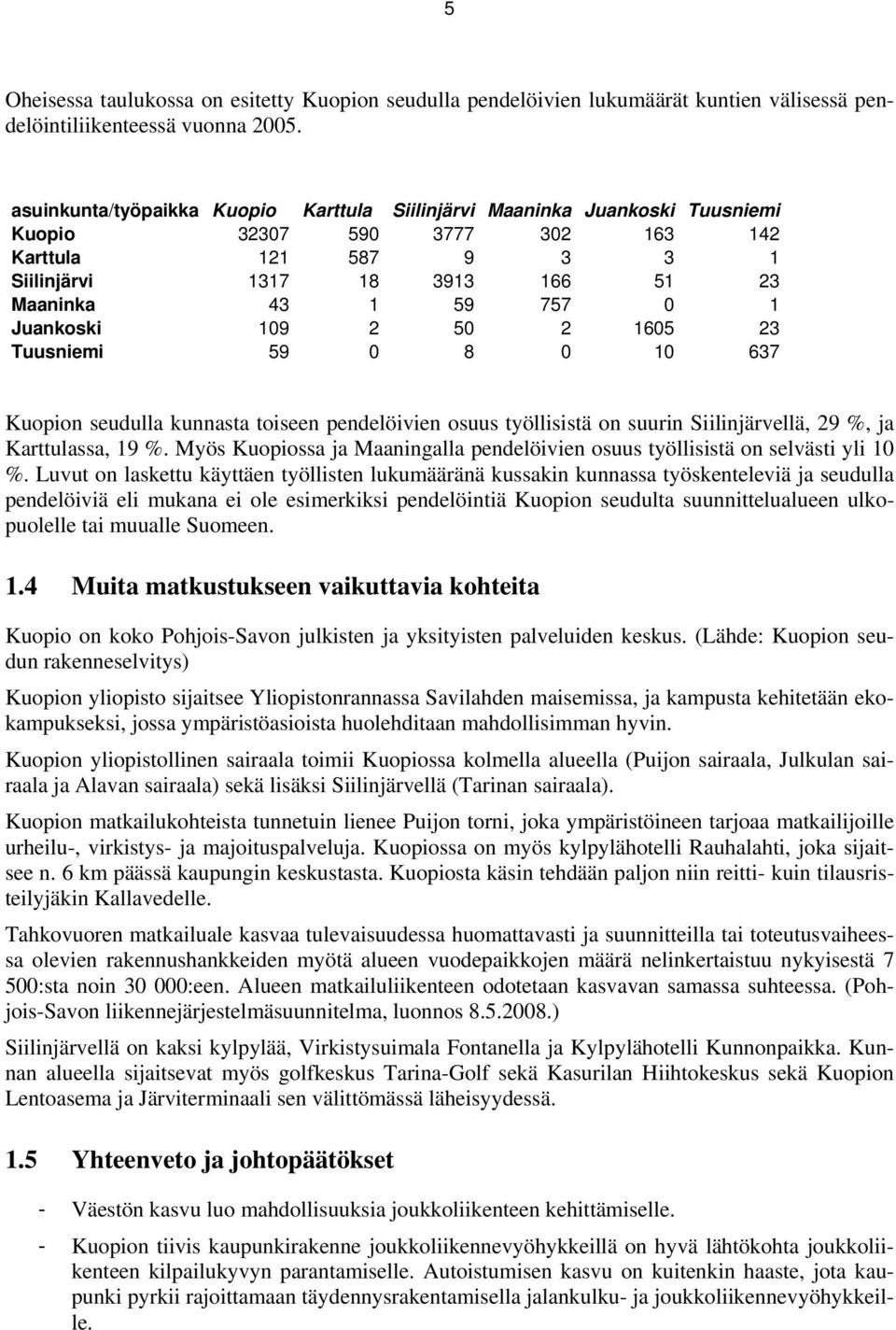 Juankoski 109 2 50 2 1605 23 Tuusniemi 59 0 8 0 10 637 Kuopion seudulla kunnasta toiseen pendelöivien osuus työllisistä on suurin Siilinjärvellä, 29 %, ja Karttulassa, 19 %.