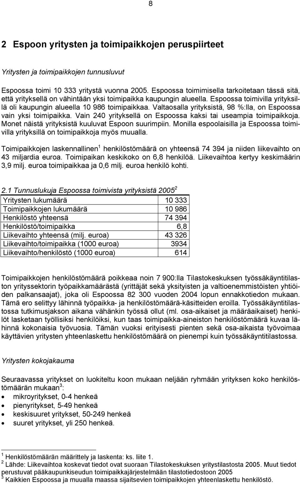 Valtaosalla yrityksistä, 98 %:lla, on Espoossa vain yksi toimipaikka. Vain 240 yrityksellä on Espoossa kaksi tai useampia toimipaikkoja. Monet näistä yrityksistä kuuluvat Espoon suurimpiin.