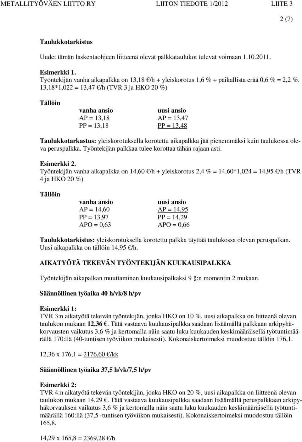 13,18*1,022 = 13,47 /h (TVR 3 ja HKO 20 %) Tällöin vanha ansio uusi ansio AP = 13,18 AP = 13,47 PP = 13,18 PP = 13,48 Taulukkotarkastus: yleiskorotuksella korotettu aikapalkka jää pienemmäksi kuin