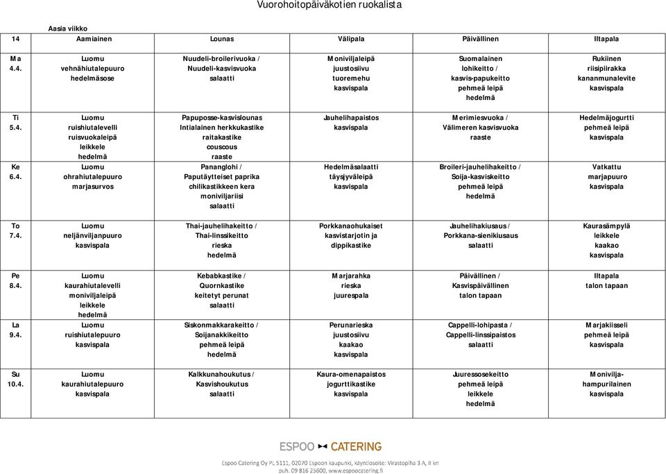 4. sose Nuudeli-broilerivuoka Nuudeli-kasvisvuoka Moniviljaleipä tuoremehu omalainen lohikeitto kasvis-papukeitto 5.4. 6.4. ruishiutalevelli Papuposse-kasvislounas Intialainen herkkukastike