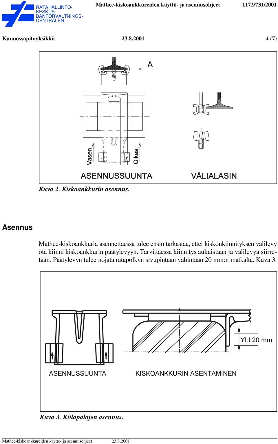 välilevy ota kiinni kiskoankkurin päätylevyyn.