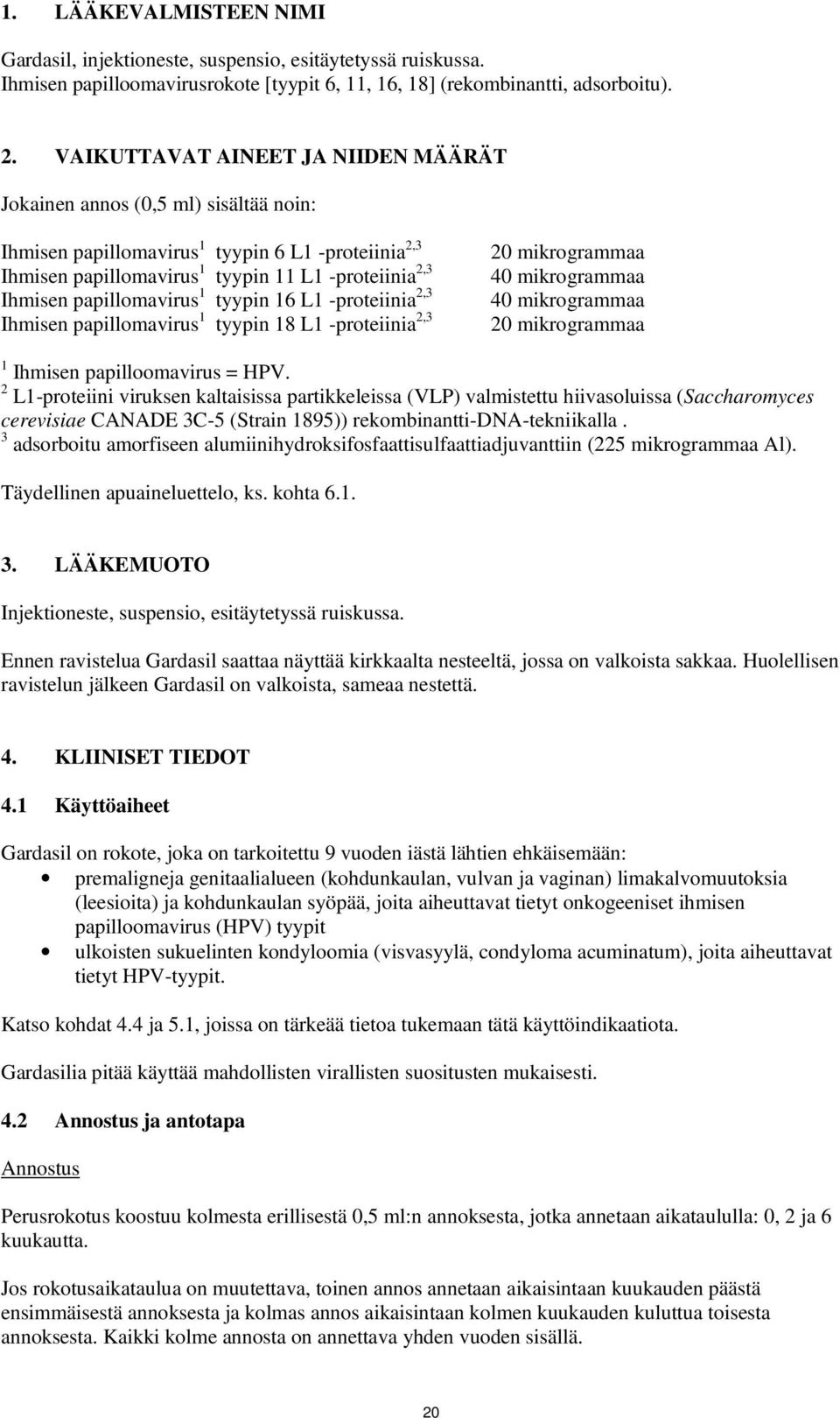 40 mikrogrammaa Ihmisen papillomavirus 1 tyypin 16 L1 -proteiinia 2,3 40 mikrogrammaa Ihmisen papillomavirus 1 tyypin 18 L1 -proteiinia 2,3 20 mikrogrammaa 1 Ihmisen papilloomavirus = HPV.