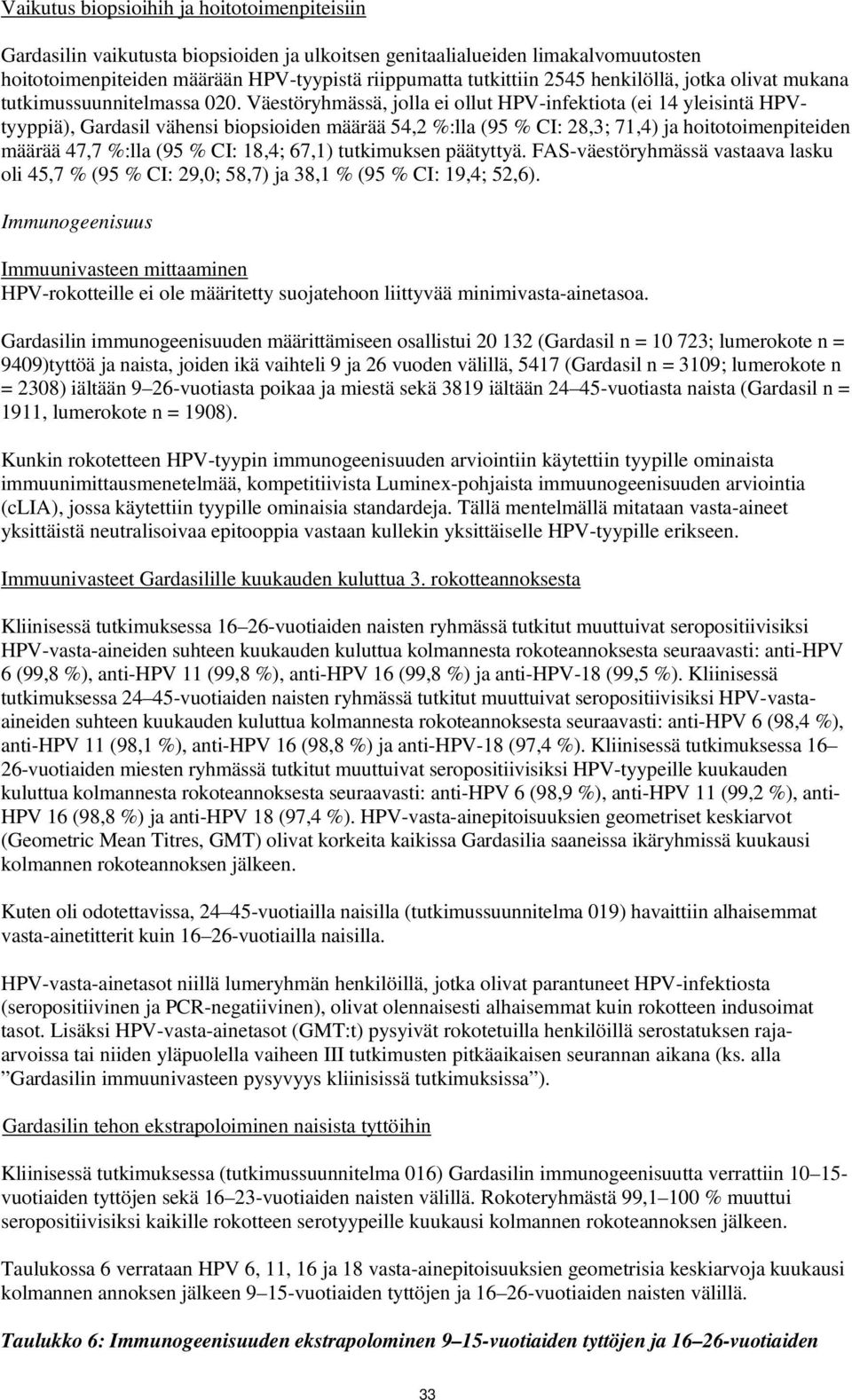 Väestöryhmässä, jolla ei ollut HPV-infektiota (ei 14 yleisintä HPVtyyppiä), Gardasil vähensi biopsioiden määrää 54,2 %:lla (95 % CI: 28,3; 71,4) ja hoitotoimenpiteiden määrää 47,7 %:lla (95 % CI: