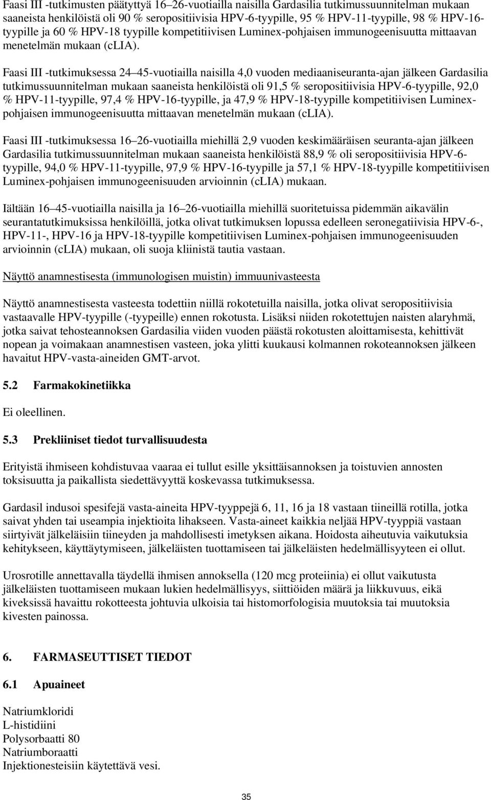 Faasi III -tutkimuksessa 24 45-vuotiailla naisilla 4,0 vuoden mediaaniseuranta-ajan jälkeen Gardasilia tutkimussuunnitelman mukaan saaneista henkilöistä oli 91,5 % seropositiivisia HPV-6-tyypille,