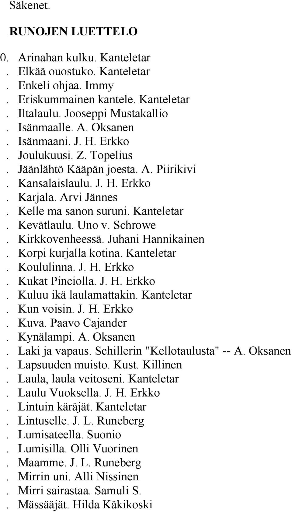 Schrowe. Kirkkovenheessä. Juhani Hannikainen. Korpi kurjalla kotina. Kanteletar. Koululinna. J. H. Erkko. Kukat Pinciolla. J. H. Erkko. Kuluu ikä laulamattakin. Kanteletar. Kun voisin. J. H. Erkko. Kuva.