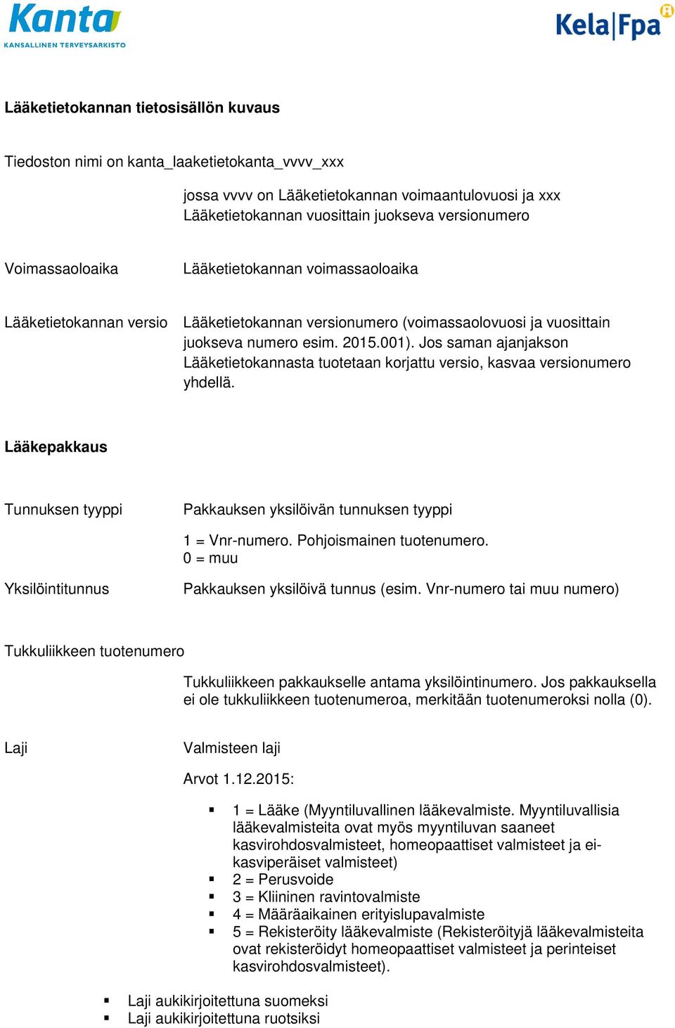 Jos saman ajanjakson Lääketietokannasta tuotetaan korjattu versio, kasvaa versionumero yhdellä. Lääkepakkaus Tunnuksen tyyppi Pakkauksen yksilöivän tunnuksen tyyppi 1 = Vnr-numero.