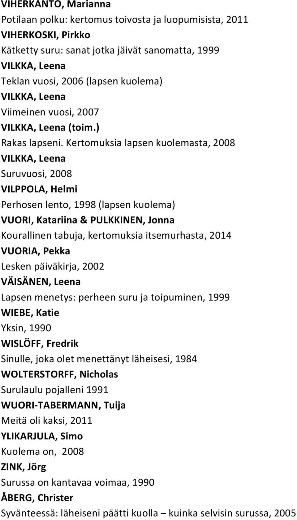 Kertomuksia lapsen kuolemasta, 2008 VILKKA, Leena Suruvuosi, 2008 VILPPOLA, Helmi Perhosen lento, 1998 (lapsen kuolema) VUORI, Katariina & PULKKINEN, Jonna Kourallinen tabuja, kertomuksia